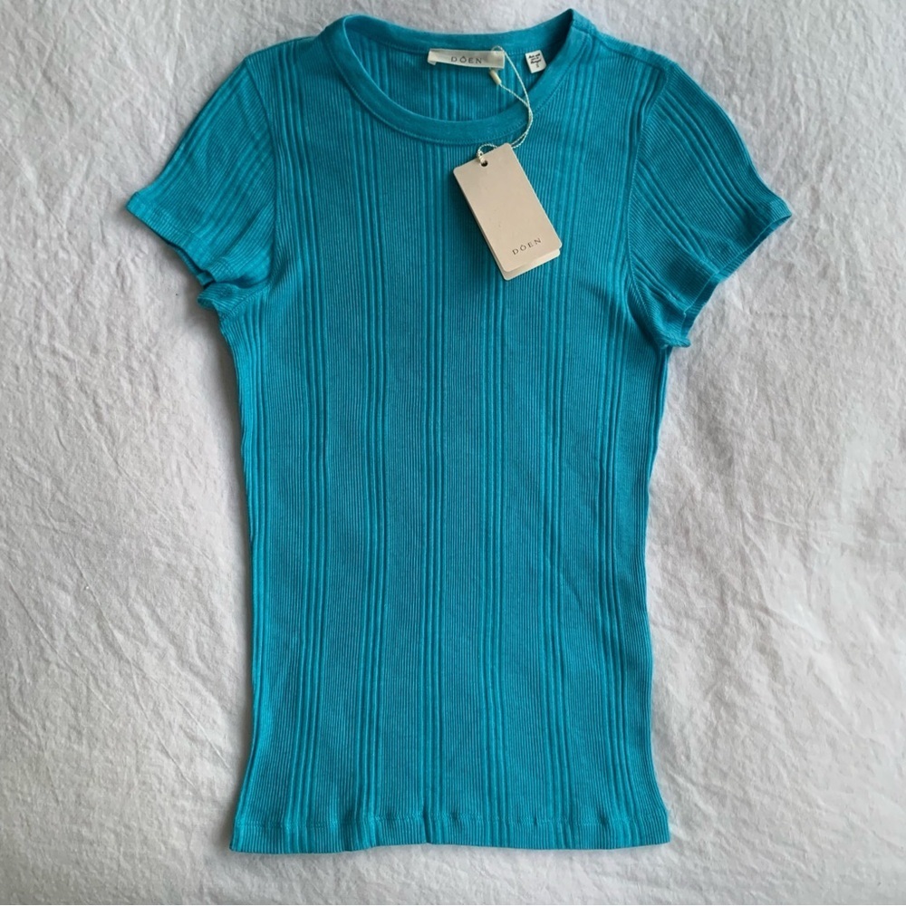 NWT Doen Vivi Cashmere Cotton Crewneck T Shirt Top Mediterranean Sea Blue Aqua